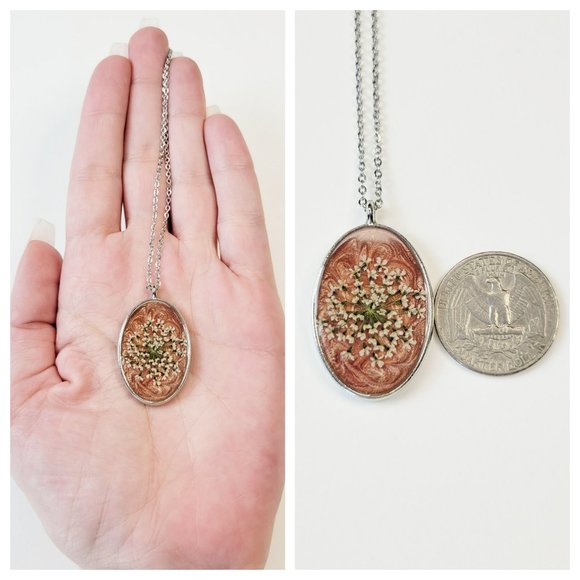 Floral Pendant Necklace Metallic Copper and Cream Pressed Dried Flower Pendant - Picture 6 of 10